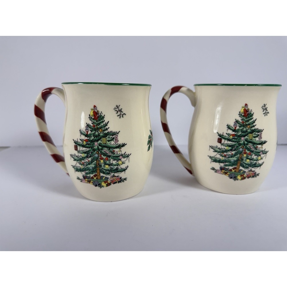Spode Christmas Tree Candy Cane Handle Mugs Set of 2 Holiday Coffee Cups